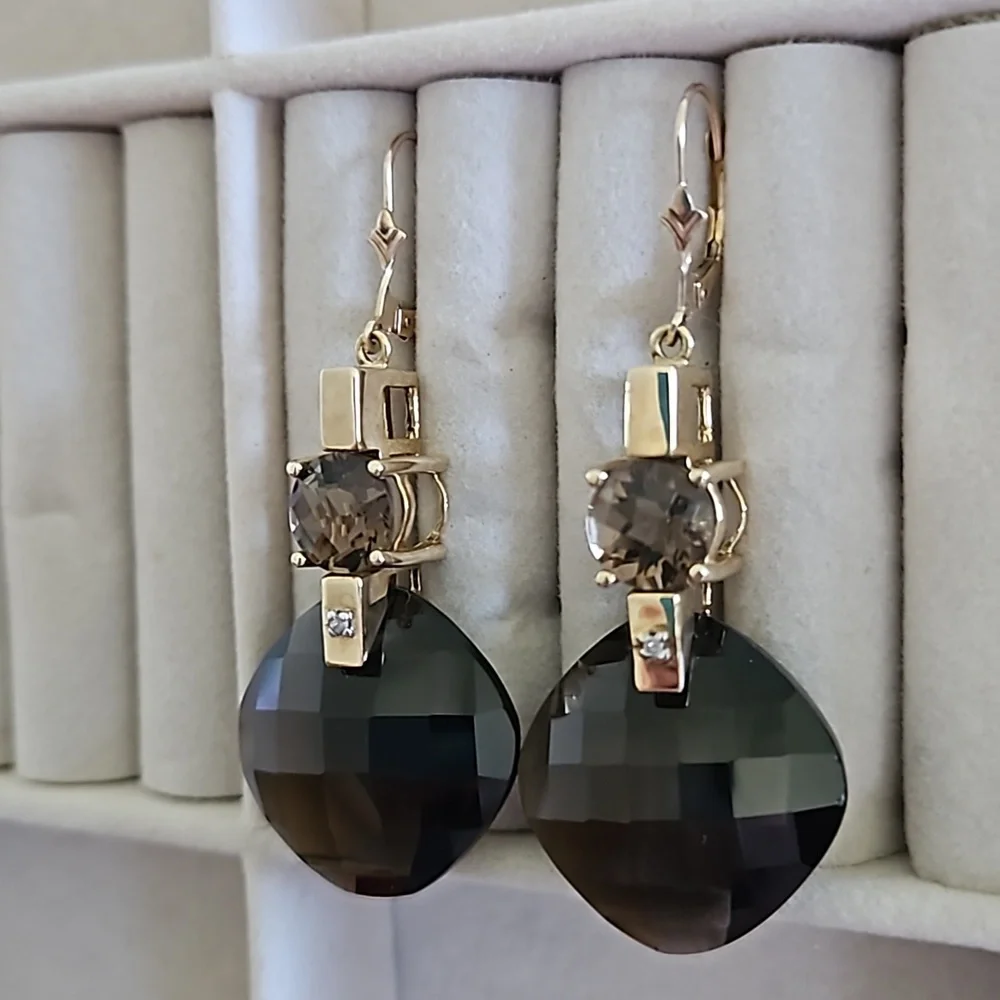 Vintage Smokey Topaz Diamond Accent Gold Drop Earrings - Picture 2 of 8